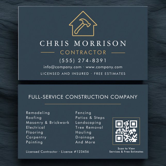 Tarjeta De Visita Building Construction Blue Gold QR Code (Subido por el creador)
