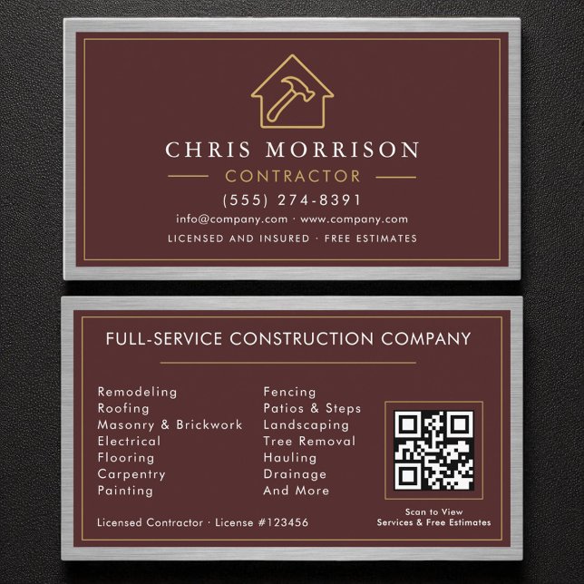 Tarjeta De Visita Building Construction Burgundy Faux Metal QR Code (Subido por el creador)
