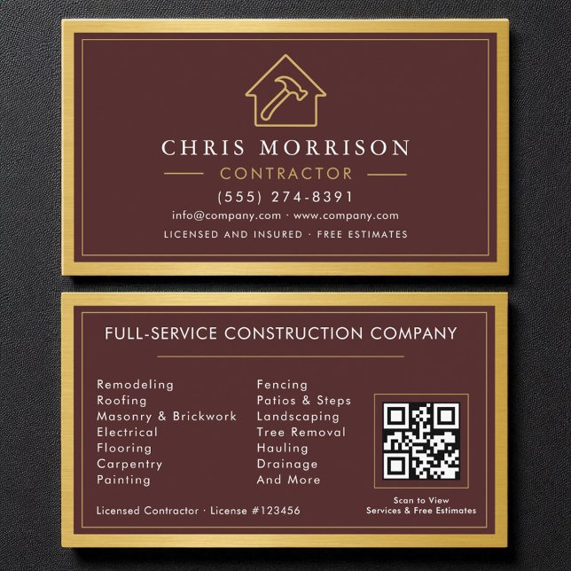 Tarjeta De Visita Building Construction Burgundy Gold Metal QR Code (Subido por el creador)