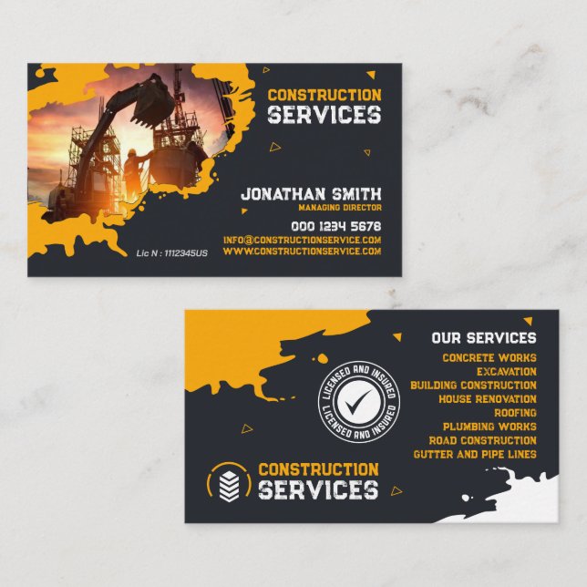 Tarjeta De Visita Building Construction, Concrete works, Excavation (Anverso / Reverso)