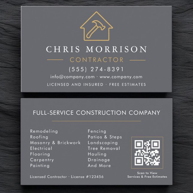 Tarjeta De Visita Building Construction Gray Gold QR Code (Subido por el creador)