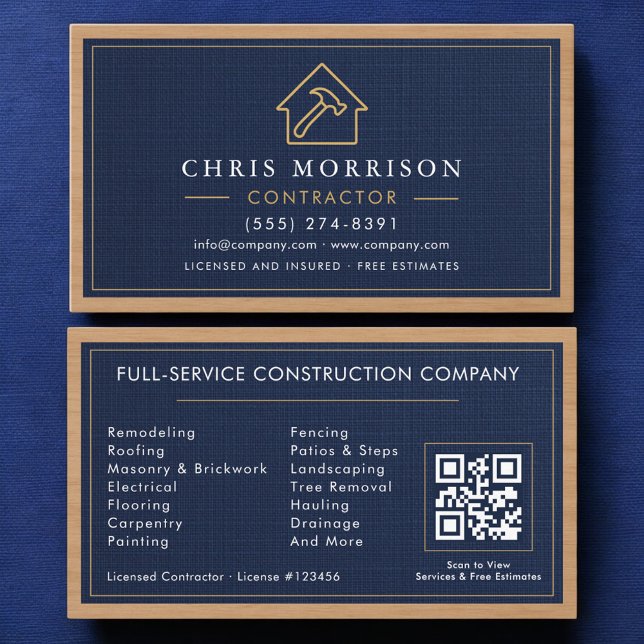 Tarjeta De Visita Building Construction Linen Navy Blue Gold Wood (Subido por el creador)