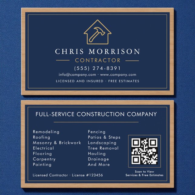 Tarjeta De Visita Building Construction Navy Blue Gold Wood QR Code (Subido por el creador)