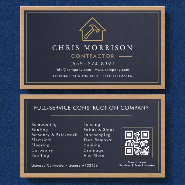Tarjeta De Visita Building Construction Stone Navy Blue Gold Wood (Subido por el creador)