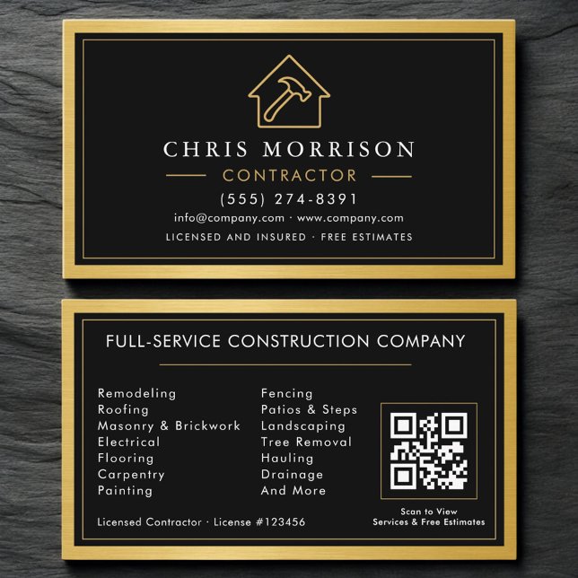 Tarjeta De Visita Building Contractor Black Gold Metal QR Code (Subido por el creador)
