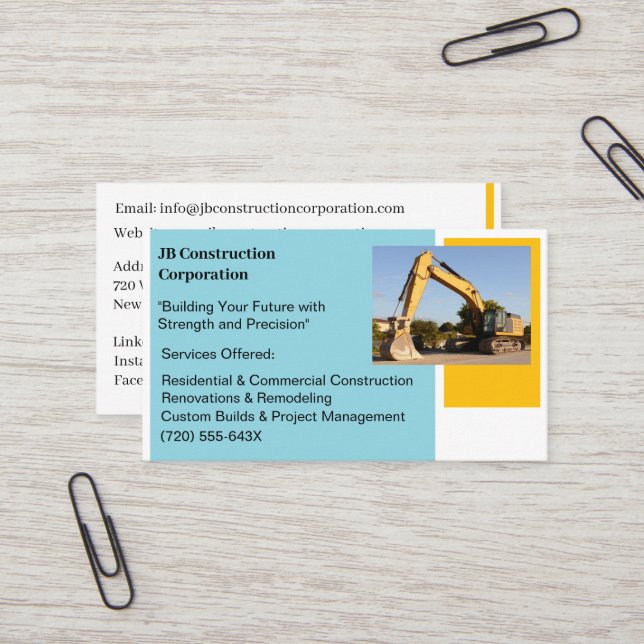 Tarjeta De Visita Bulldozer de construcción amarilla de contratista  (Anverso/Reverso In Situ)