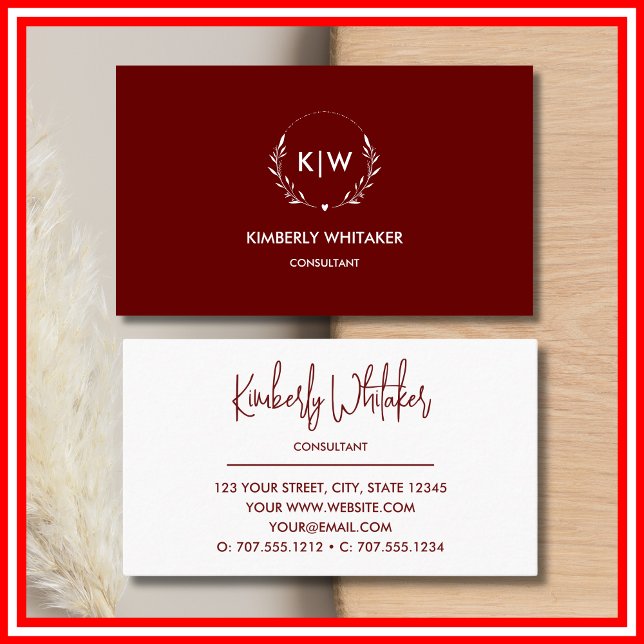 Tarjeta De Visita Burdeos y blanco | Monograma de Iniciales Modernas (Subido por el creador)