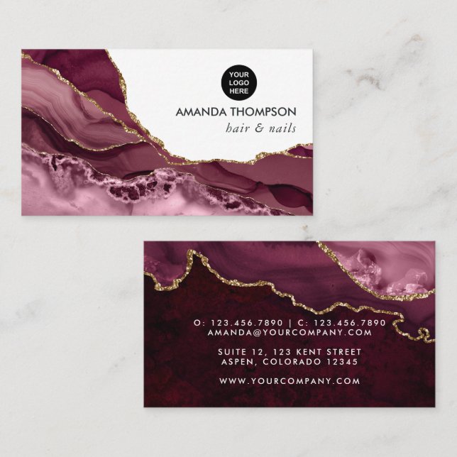 Tarjeta de visita Burgundy and Gold Geode Agate St (Anverso / Reverso)
