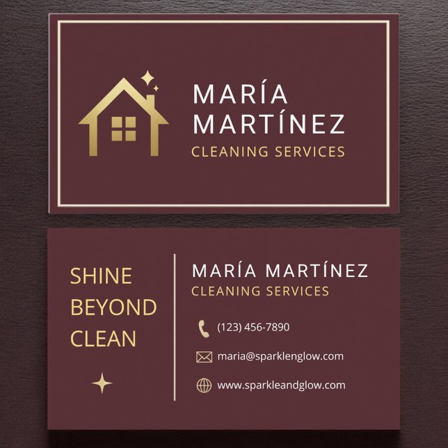 Tarjeta De Visita Burgundy and Gold House Cleaning Services (Subido por el creador)