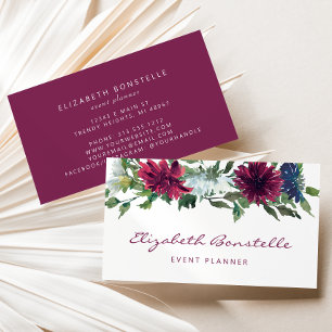 Tarjeta De Visita Burgundy Azul Marino Floral Acuarela