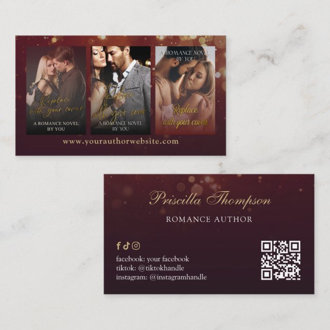 Tarjeta De Visita Burgundy Bokeh Romance Book Series Author (Anverso / Reverso)