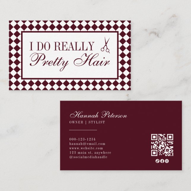 Tarjeta De Visita Burgundy Checkered Old Money Hair Stylist QR Code (Anverso / Reverso)