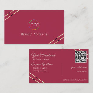 Tarjeta De Visita Burgundy con líneas de oro rosa Logo y Código QR