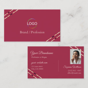 Tarjeta De Visita Burgundy con líneas de oro rosa Logo y foto