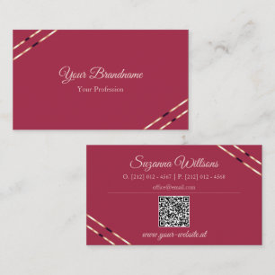 Tarjeta De Visita Burgundy con Líneas de Oro Rosa y Código QR Elegan