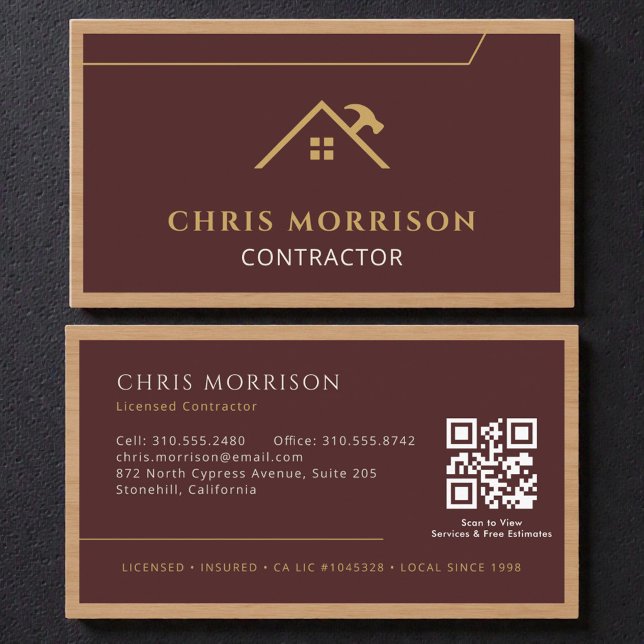 Tarjeta De Visita Burgundy Construction Professional Wood QR Code (Subido por el creador)