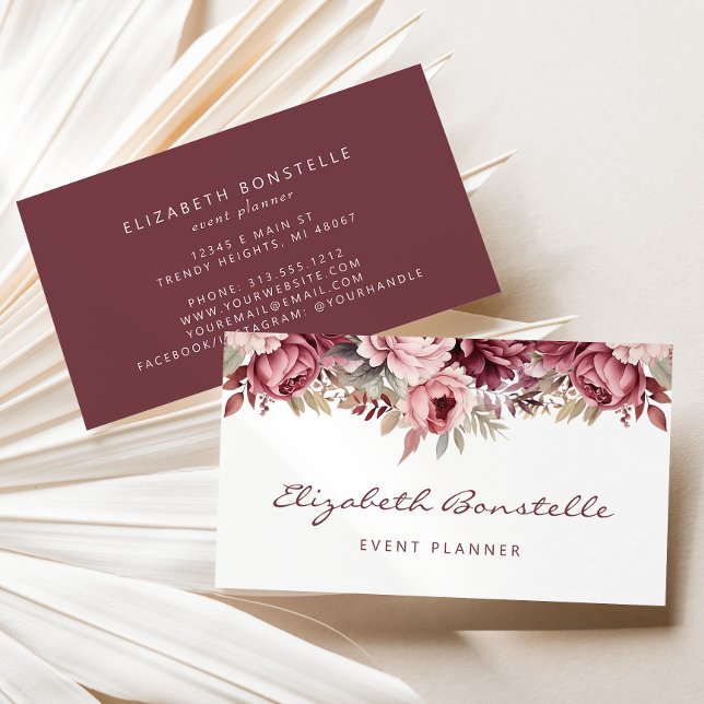 Tarjeta De Visita Burgundy Dusty Rosa acuarela Floral (Subido por el creador)