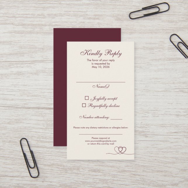 Tarjeta De Visita Burgundy Elegant Calligraphy Wedding RSVP Card (Anverso/Reverso In Situ)