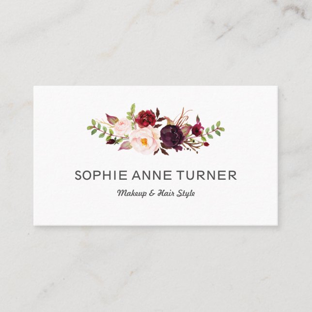 Tarjeta De Visita Burgundy Flowers Profesional Makeup Hair Style (Anverso)