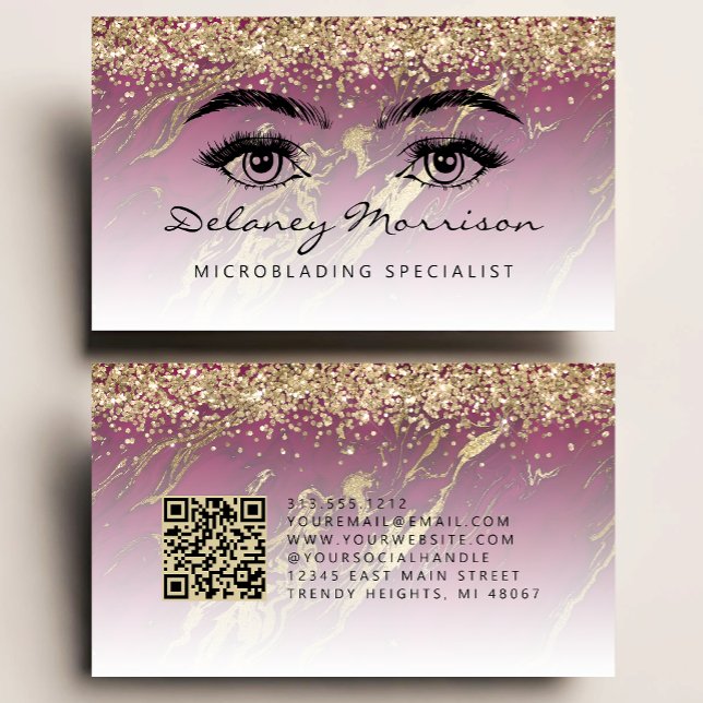 Tarjeta De Visita Burgundy Gold Marble Eyes QR Code Microblading (Subido por el creador)