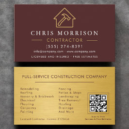 Tarjeta De Visita Burgundy Gold Metal Building Construction QR Code