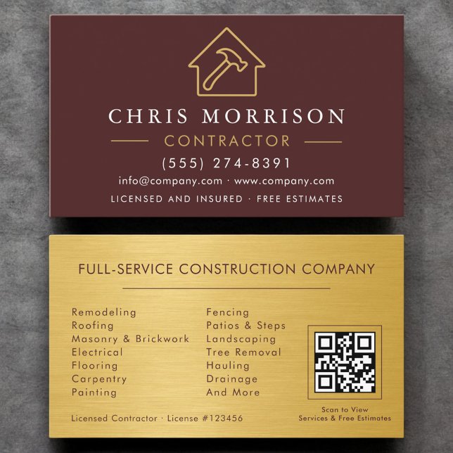 Tarjeta De Visita Burgundy Gold Metal Building Construction QR Code (Subido por el creador)