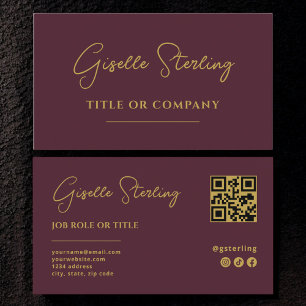 Tarjeta De Visita Burgundy Gold Professional Company Script QR Code