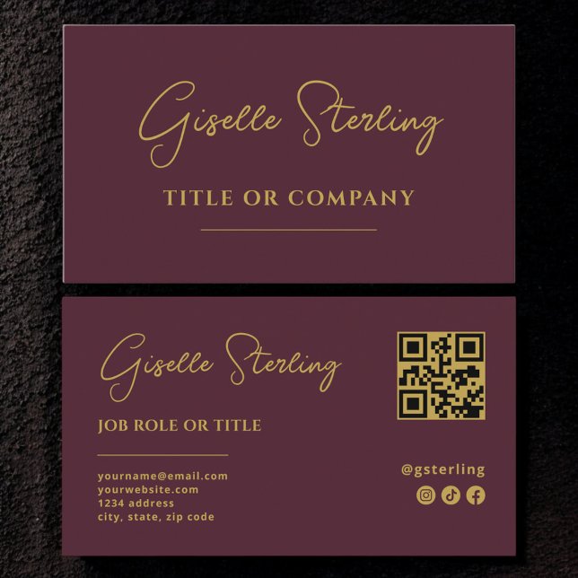 Tarjeta De Visita Burgundy Gold Professional Company Script QR Code (Subido por el creador)