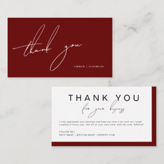 Tarjeta De Visita Burgundy Handwritten Script Thank You Discount
