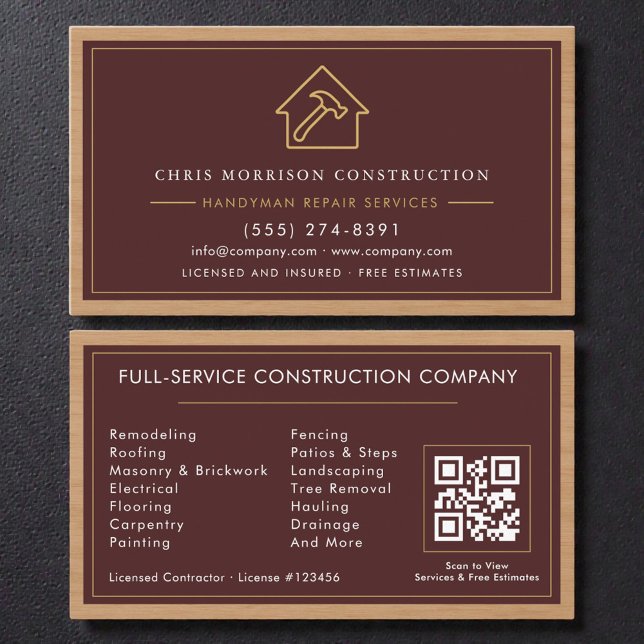 Tarjeta De Visita Burgundy Handyman QR Code Wood Construction  (Subido por el creador)