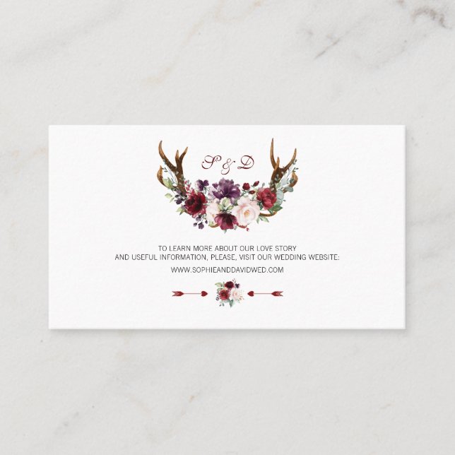Tarjeta De Visita Burgundy Marsala Floral Antlers Boda (Anverso)