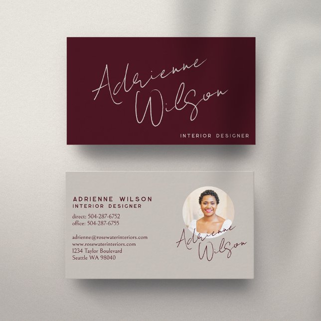Tarjeta De Visita Burgundy Modern Elegant Signature Minimalist Photo (Elegant Signature and Photo Business Card in Burgundy)