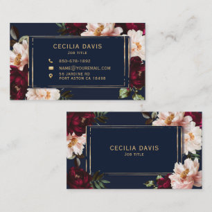 Tarjeta De Visita Burgundy Oscuro Floral Azul Marino Rubor
