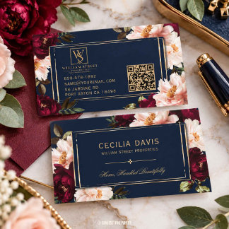Tarjeta De Visita Burgundy Oscuro Rubor Floral Azul Marino QR