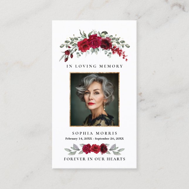 Tarjeta De Visita Burgundy Red Roses Funeral Prayer Card (Anverso)