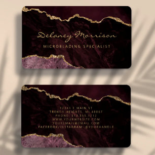 Tarjeta De Visita Burgundy Rojo Oro Ágata Microblading Redondeado