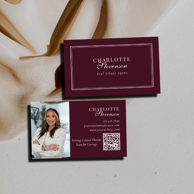 Tarjeta De Visita Burgundy & White Professional Luxury Photo QR Code (Subido por el creador)