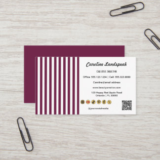 Tarjeta De Visita Burgundy White Stripes  QR Code Social Media Icons