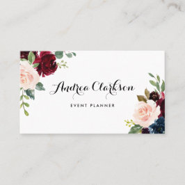 Tarjeta De Visita Burgundy y Bouquet floral azul