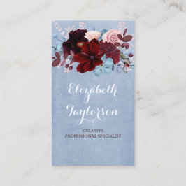 Tarjeta De Visita Burgundy y la turbia acuarela floral azul