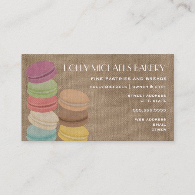Tarjeta De Visita Burlap inspiró la panadería de Macarons franceses (Anverso)