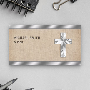 Tarjeta De Visita Burlap Metálico Rústico Jesucristo Pastor Cruzado
