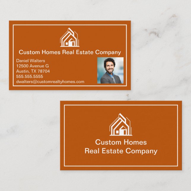 Tarjeta De Visita Burnt Orange Real Estate Company Realtor Photo (Anverso / Reverso)