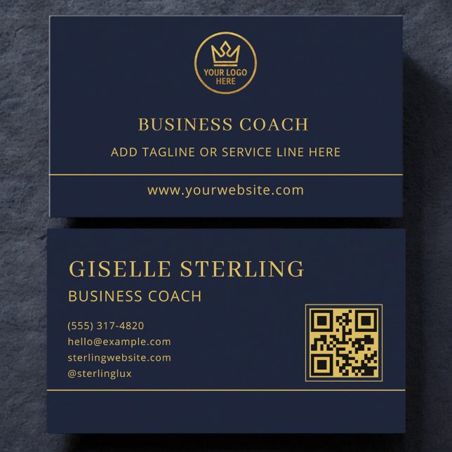 Tarjeta De Visita Business Coach Blue Gold Logo QR Code (Subido por el creador)