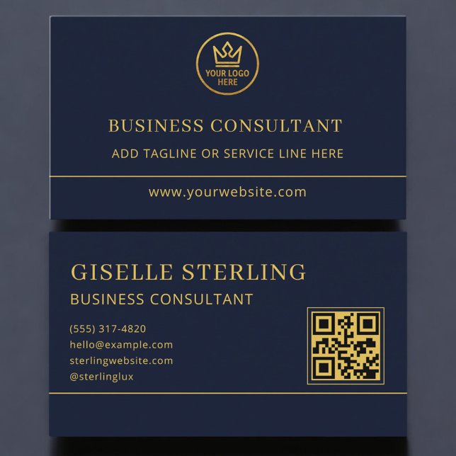 Tarjeta De Visita Business Consultant Blue Gold Logo QR Code (Subido por el creador)