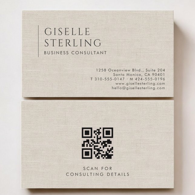 Tarjeta De Visita Business Consultant Luxury Neutral Linen QR Code (Subido por el creador)
