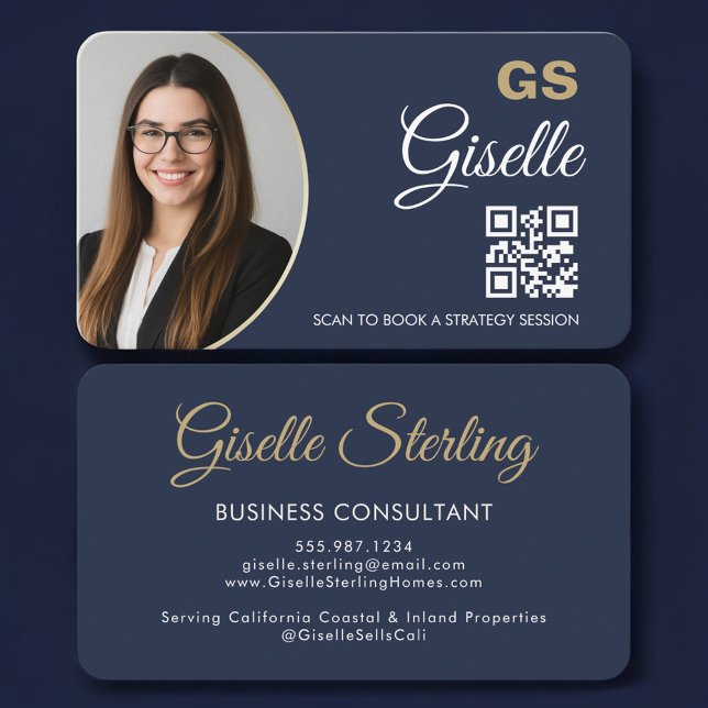 Tarjeta De Visita Business Consultant Photo QR Code Navy Blue Gold (Subido por el creador)