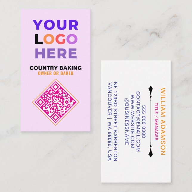 Tarjeta De Visita Business Logo & QR Code | White & Pink Bakery (Anverso / Reverso)