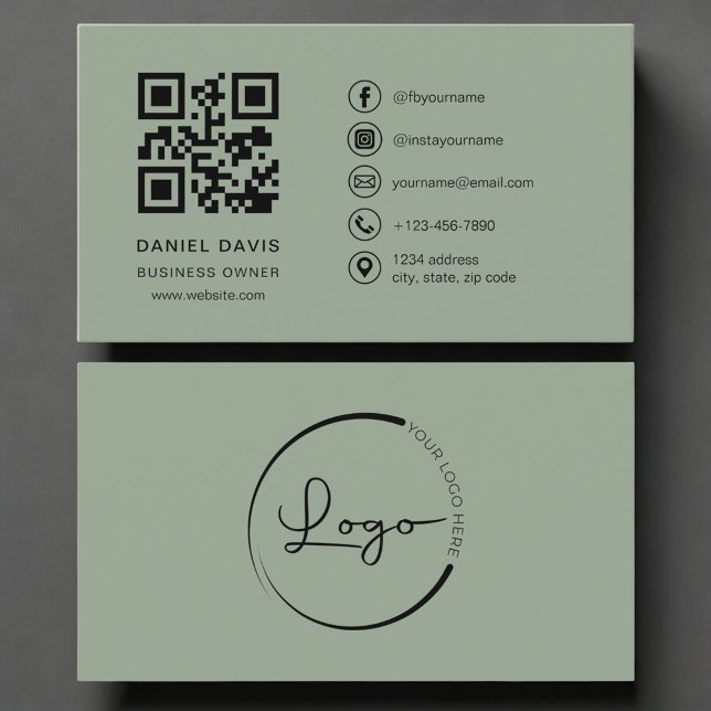 Tarjeta De Visita Business Owner Sage Green Logo QR Code  (Subido por el creador)