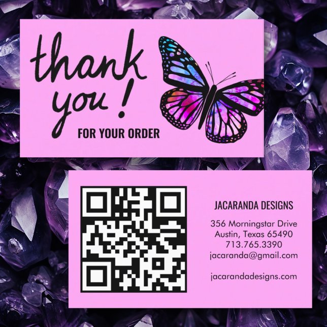 Tarjeta De Visita Butterflies Gracias por su pedido de código QR (Custom thank you card with butterfly and custom QR code in purple. Order thank you card)
